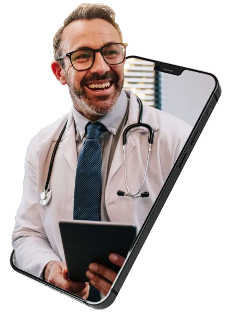 Médico saindo de celular com a logo da Doc 24 Horas